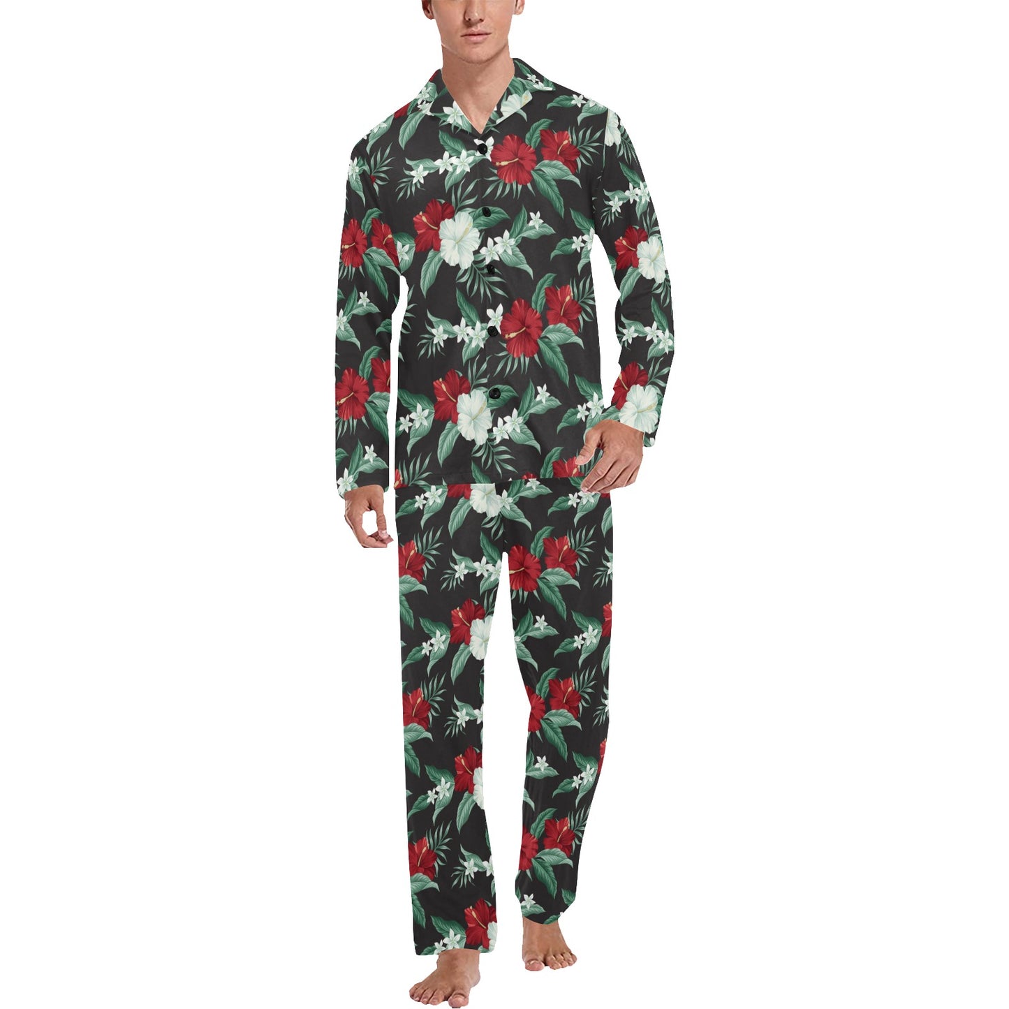 Tropical Flower Print Design LKS303 Men's Long Pajama Set