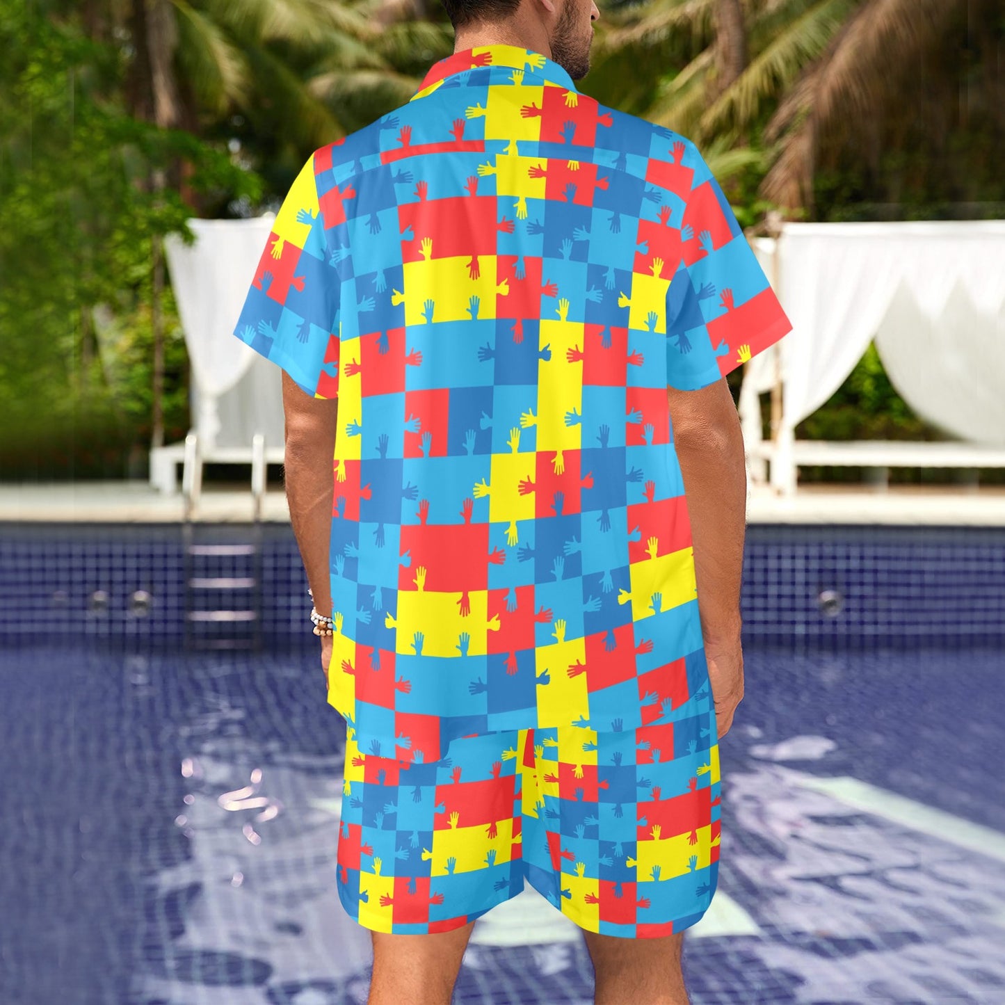Autism Awareness Design Themed Print Men's Beach Shirt and Shorts Set