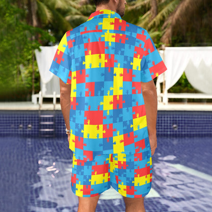 Autism Awareness Design Themed Print Men's Beach Shirt and Shorts Set