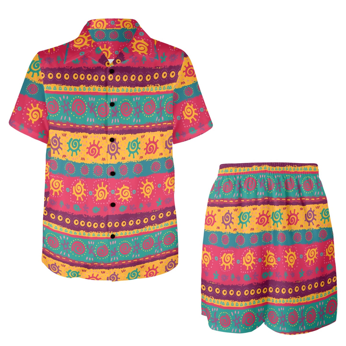 Ethnic Design Print Pattern JJ0134 Men's Beach Shirt and Shorts Set