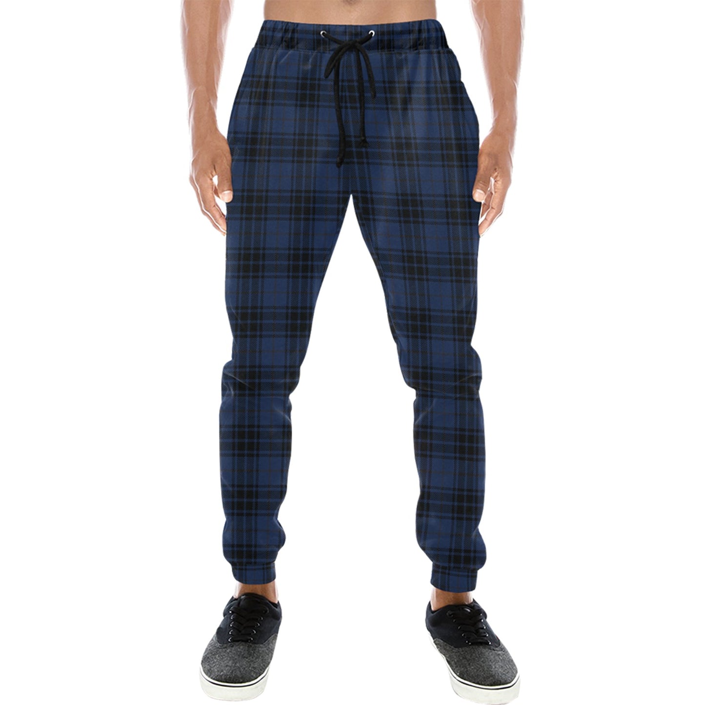 Navy Blue Tartan Plaid Pattern Men's Sweatpants