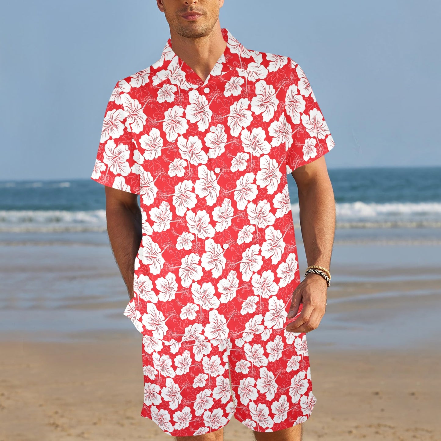Flower Hawaiian Hibiscus Red Background Print Men's Beach Shirt and Shorts Set