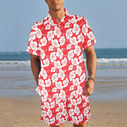 Flower Hawaiian Hibiscus Red Background Print Men's Beach Shirt and Shorts Set