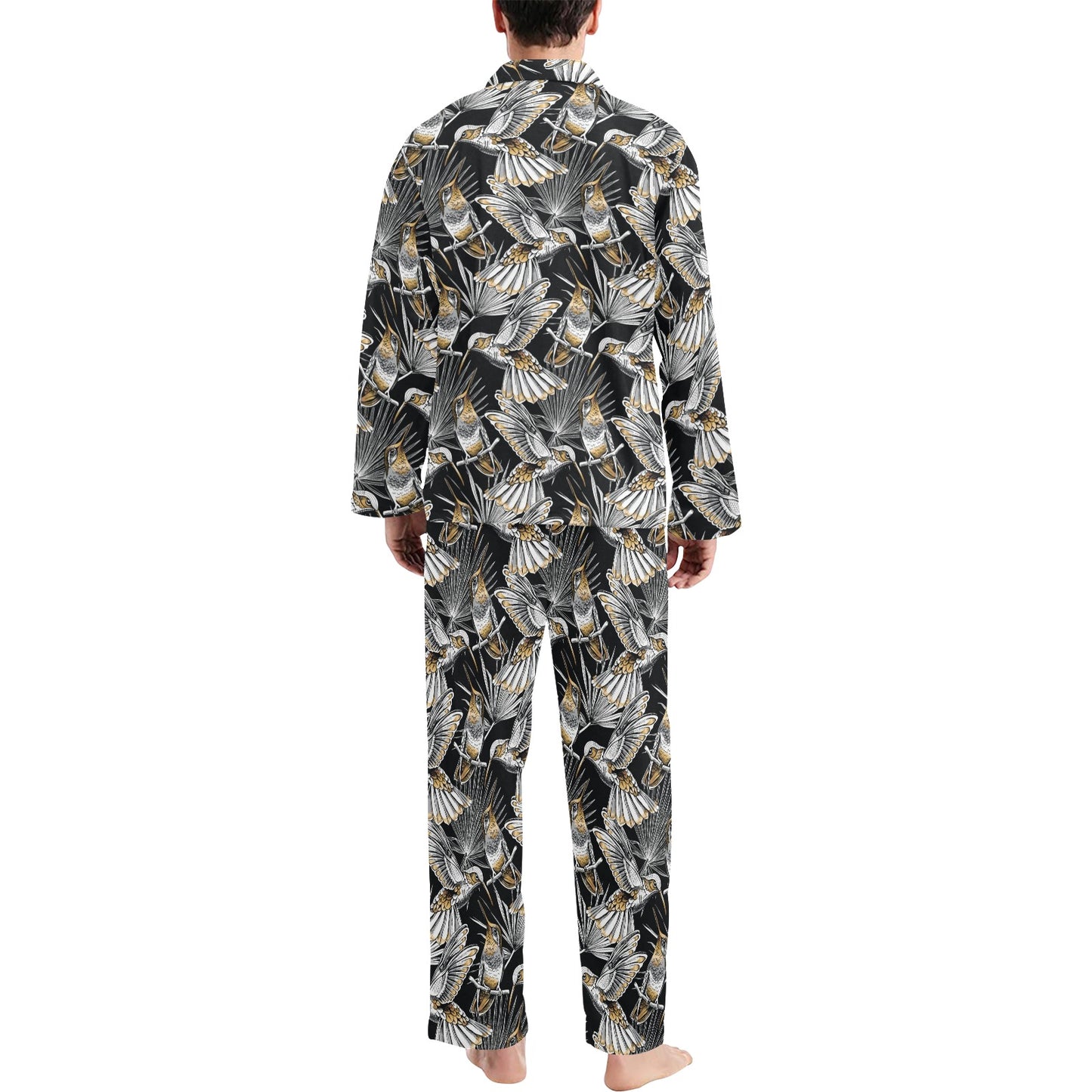 Hummingbird Gold Design Themed Print Men's Long Pajama Set