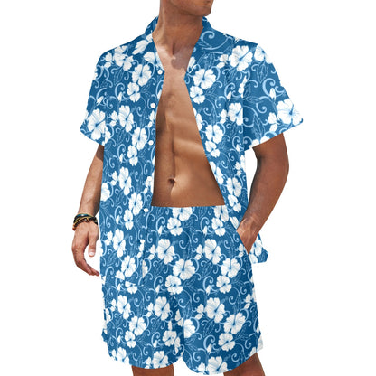 Hibiscus Blue Flower Hawaiian Print Men's Beach Shirt and Shorts Set