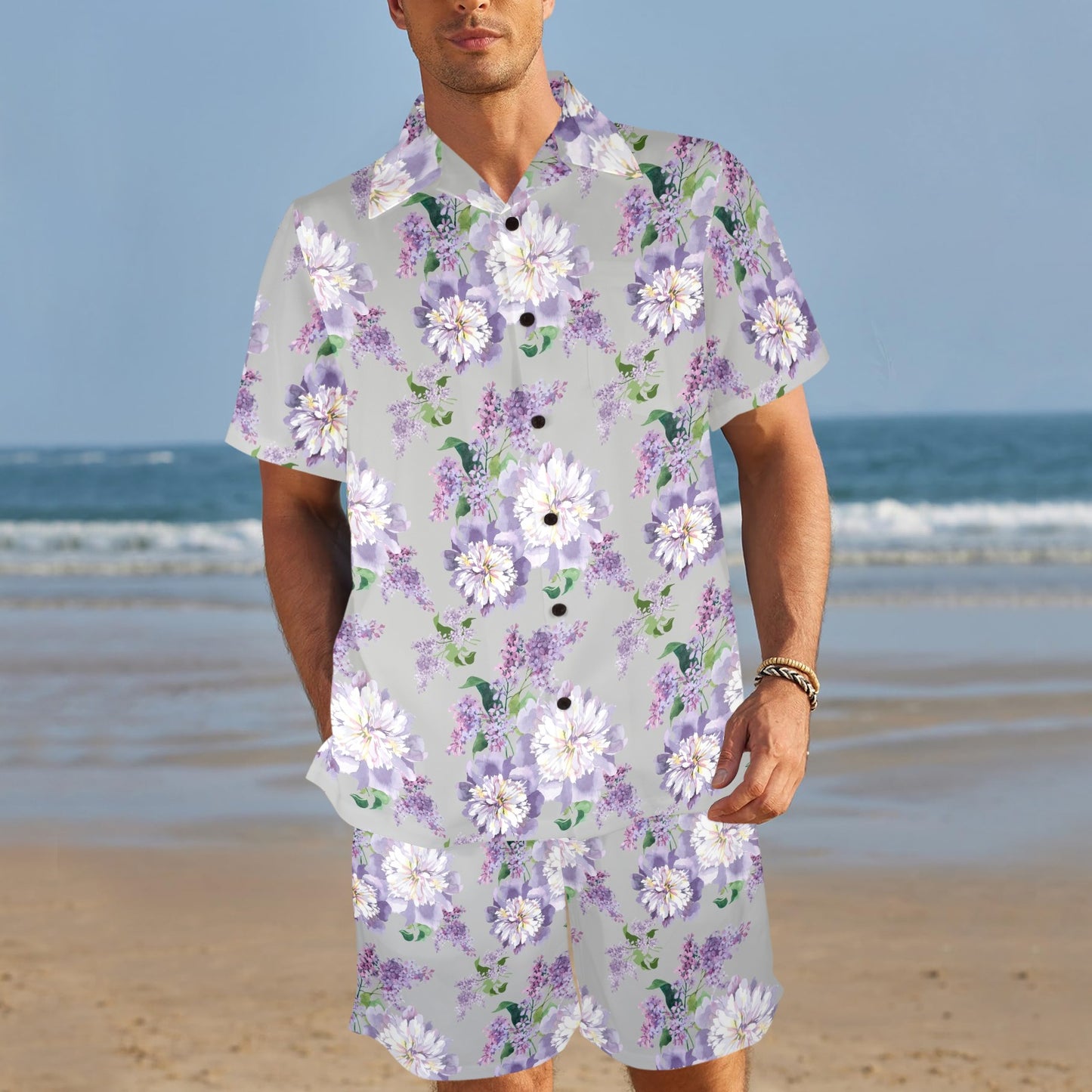 Lilac Pattern Print Design LI07 Men's Beach Shirt and Shorts Set