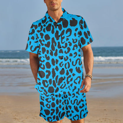 Cheetah Blue Print Pattern Men's Beach Shirt and Shorts Set