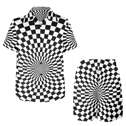 Checkered Flag Optical illusion Men's Beach Shirt and Shorts Set