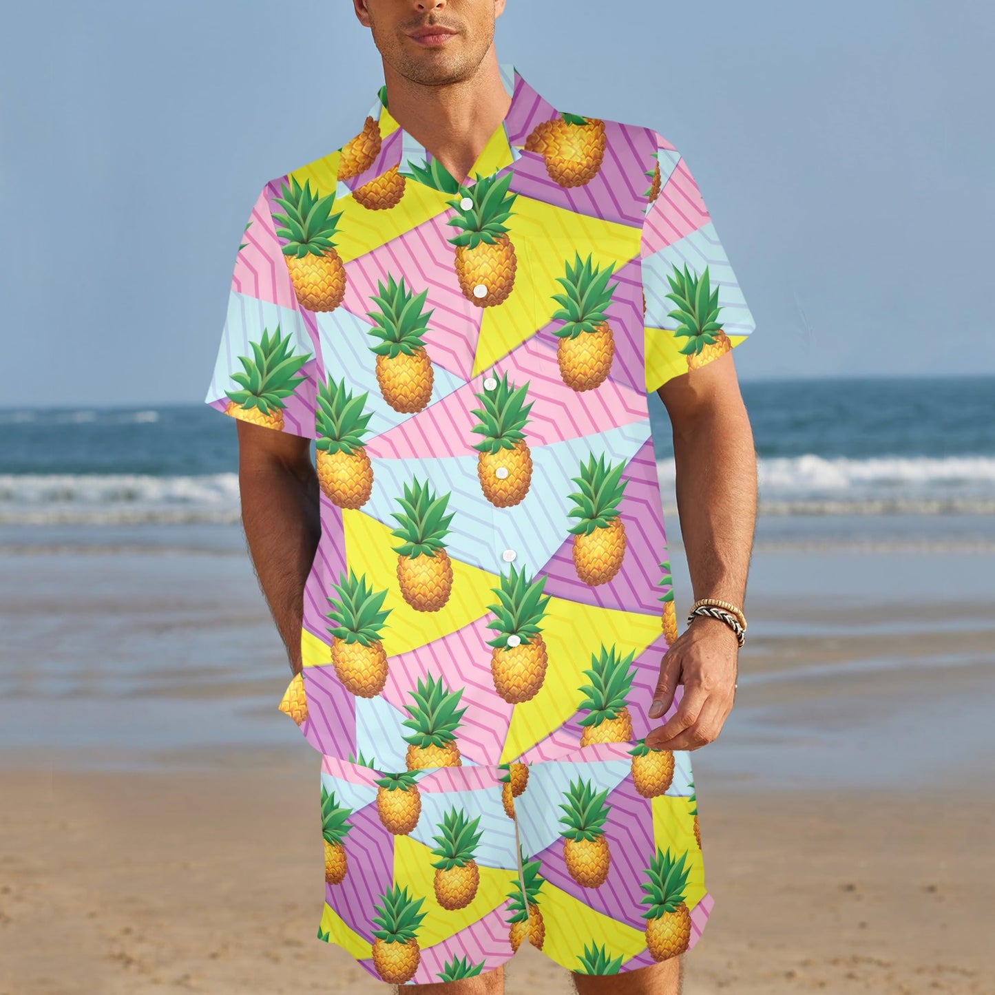 Pineapple Pattern Print Design PP05 Men's Beach Shirt and Shorts Set