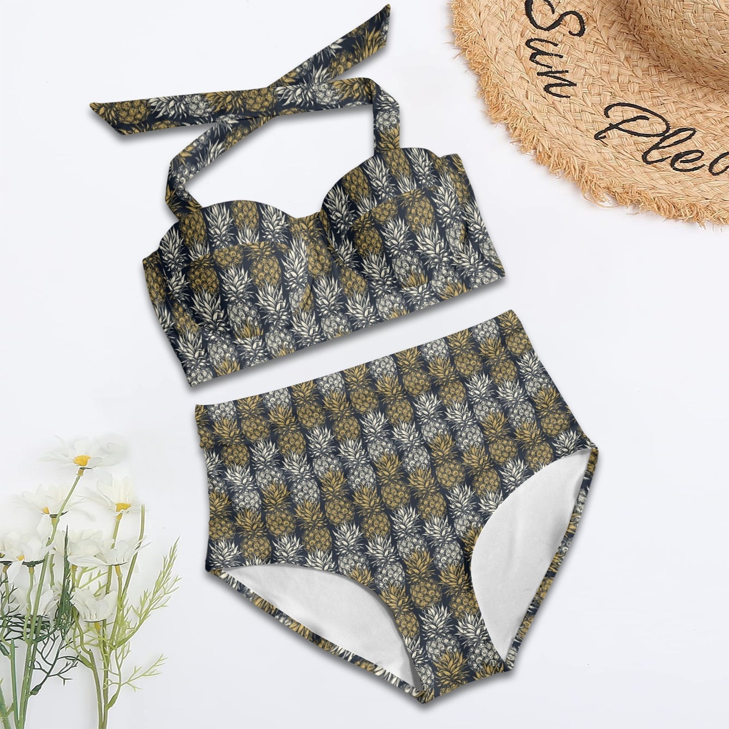 Pineapple Print Design Pattern Halter Neck Bikini Swimsuit