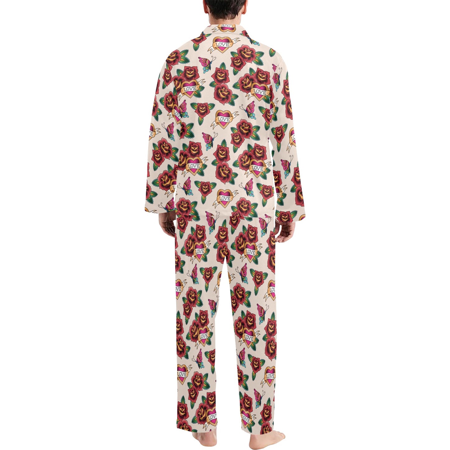 Tattoo Rose Print Design LKS302 Men's Long Pajama Set
