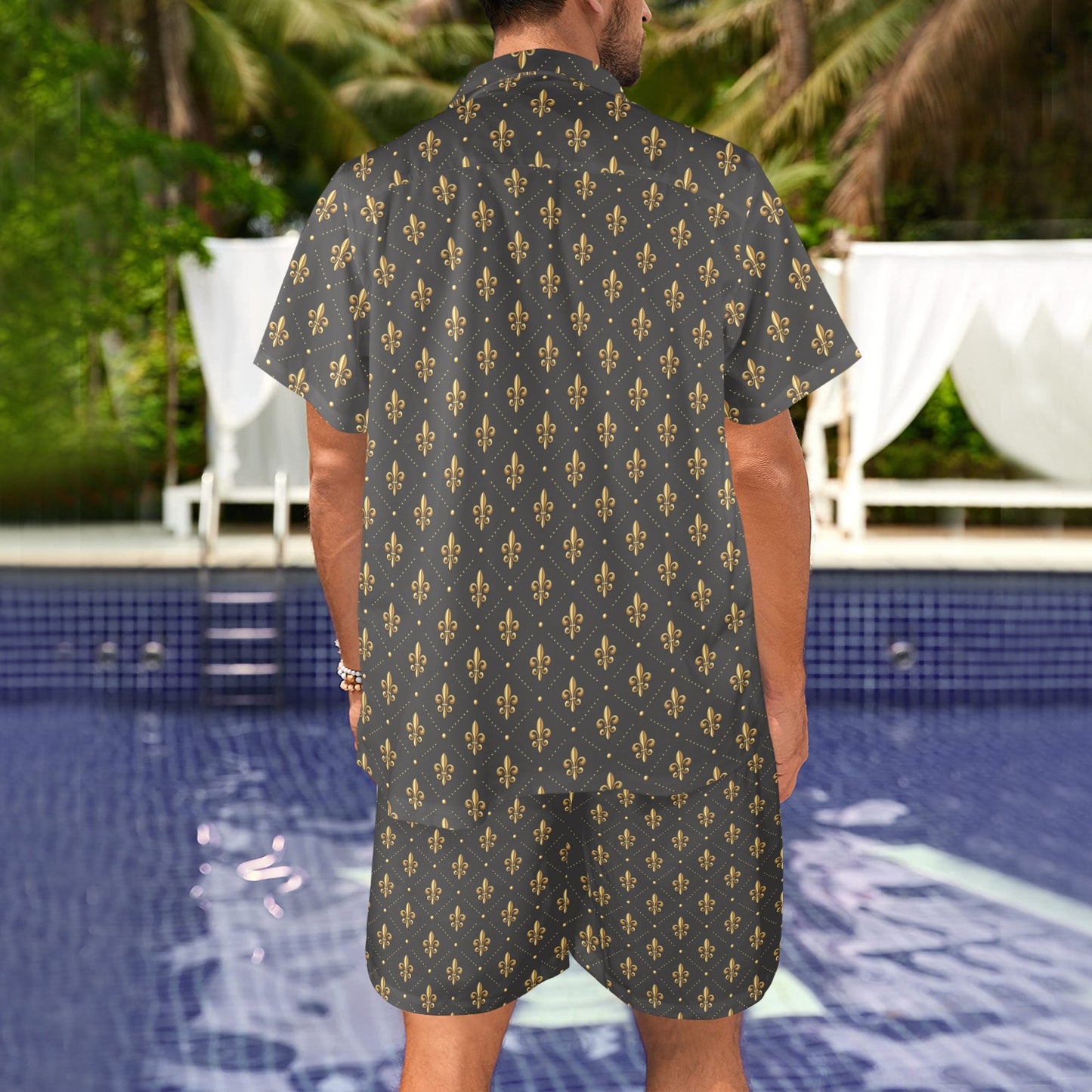 Fleur De Lis Print Design LKS402 Men's Beach Shirt and Shorts Set