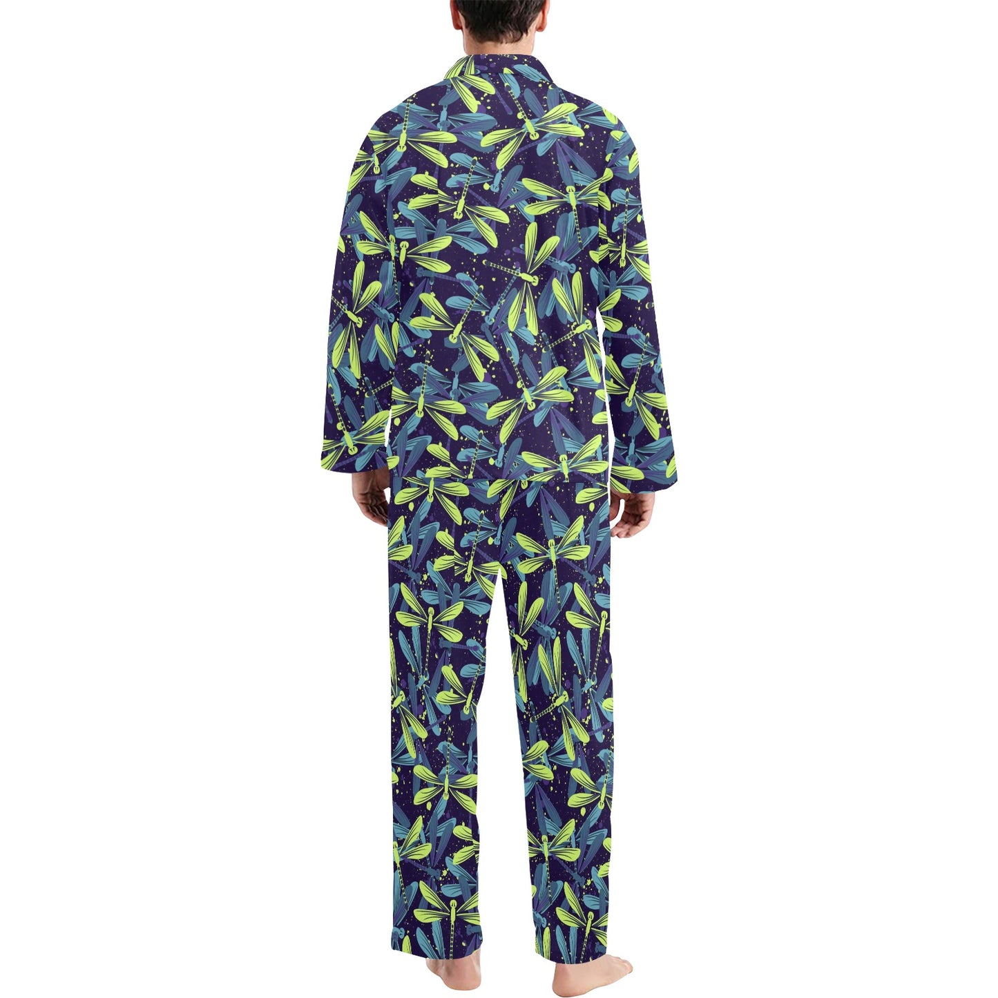 Dragonfly Lime Blue Print Pattern Men's Long Pajama Set