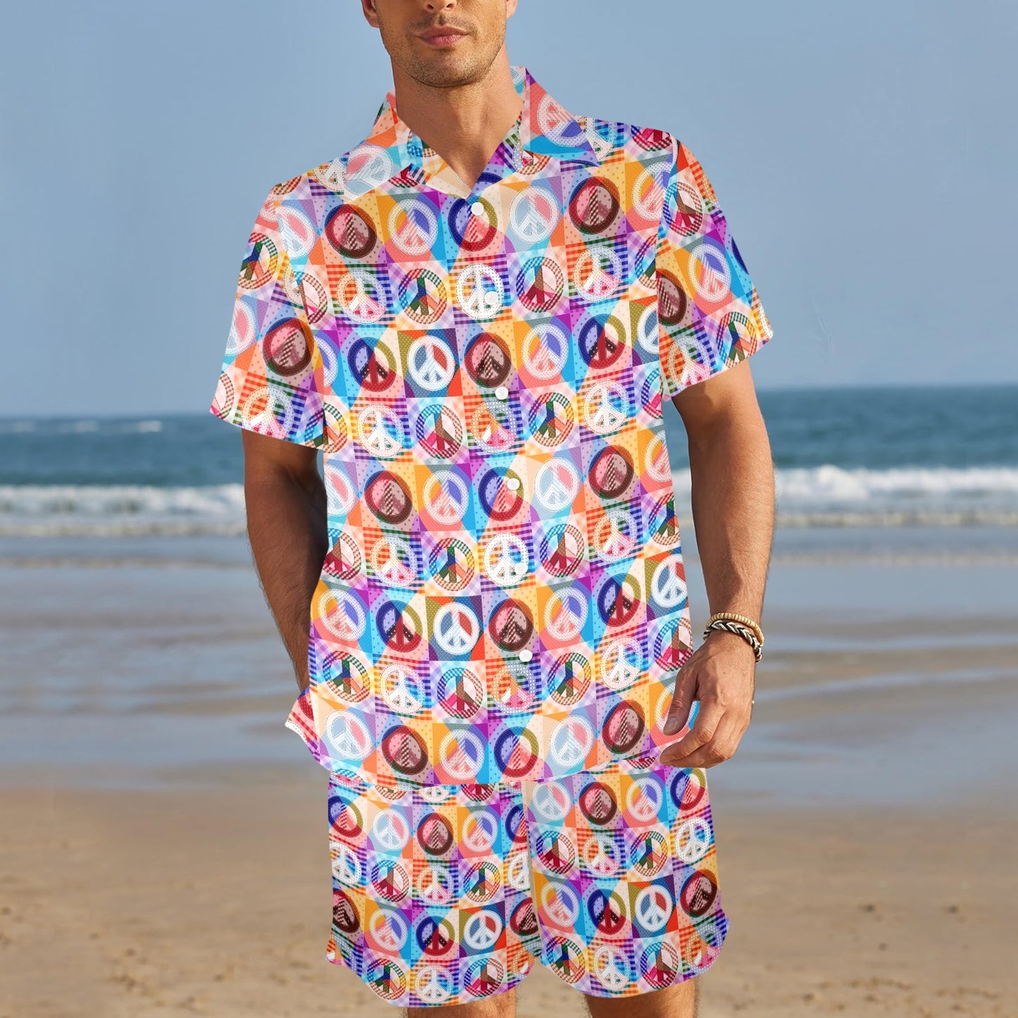 Peace Sign Patchwork Design Print Men's Beach Shirt and Shorts Set