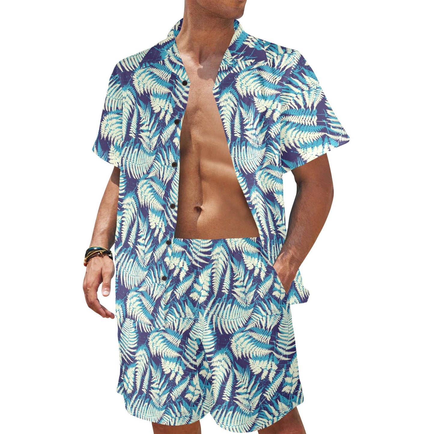 Fern Leave Summer Print Pattern Men's Beach Shirt and Shorts Set