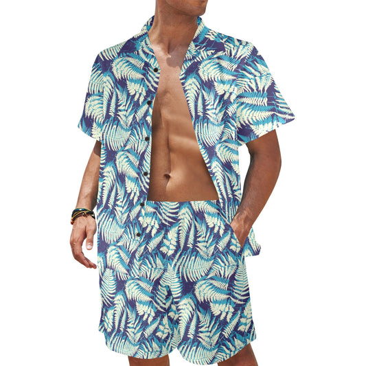 Fern Leave Summer Print Pattern Men's Beach Shirt and Shorts Set