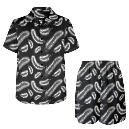 Feather Black White Design Print Men's Beach Shirt and Shorts Set