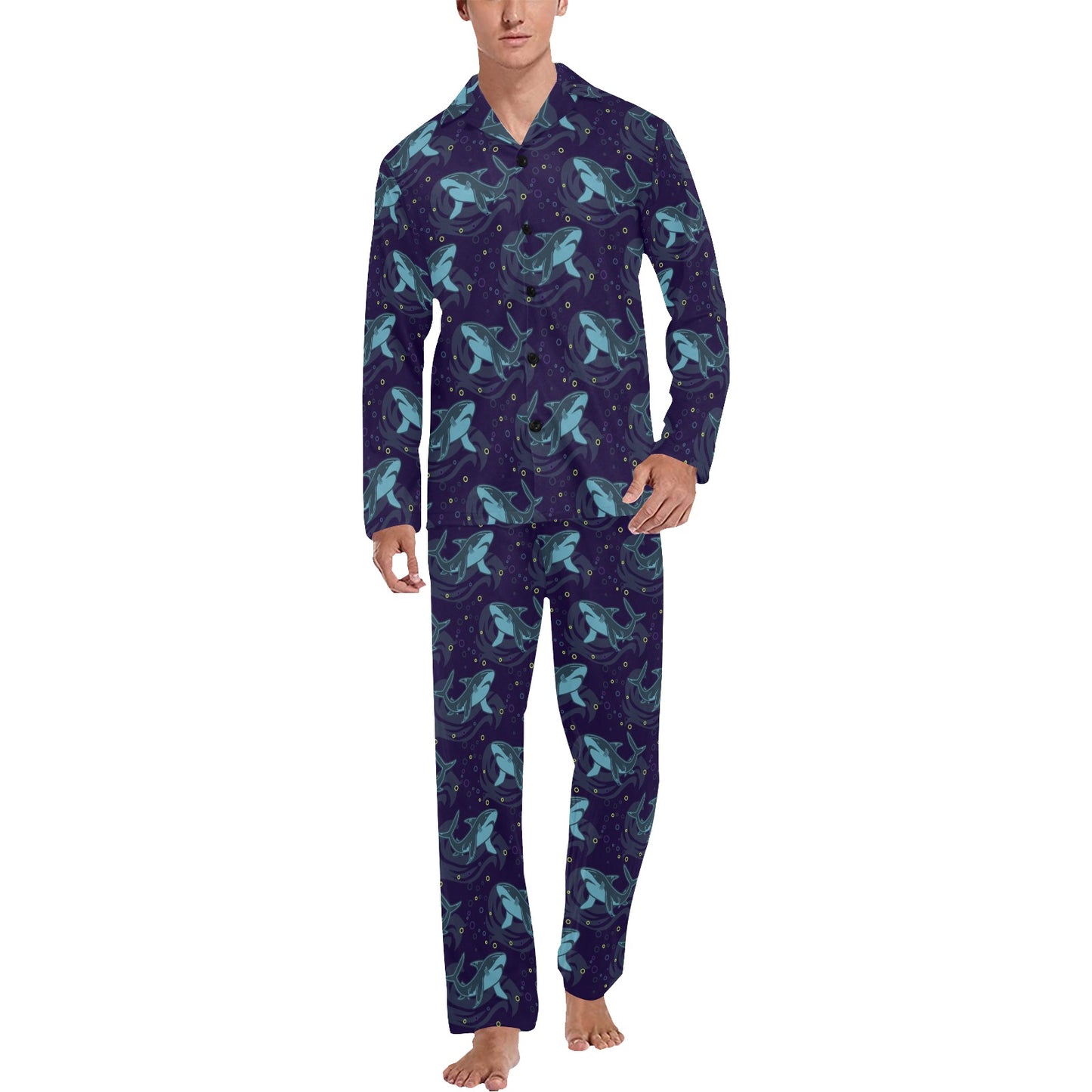 Shark Themed Print Men's Long Pajama Set