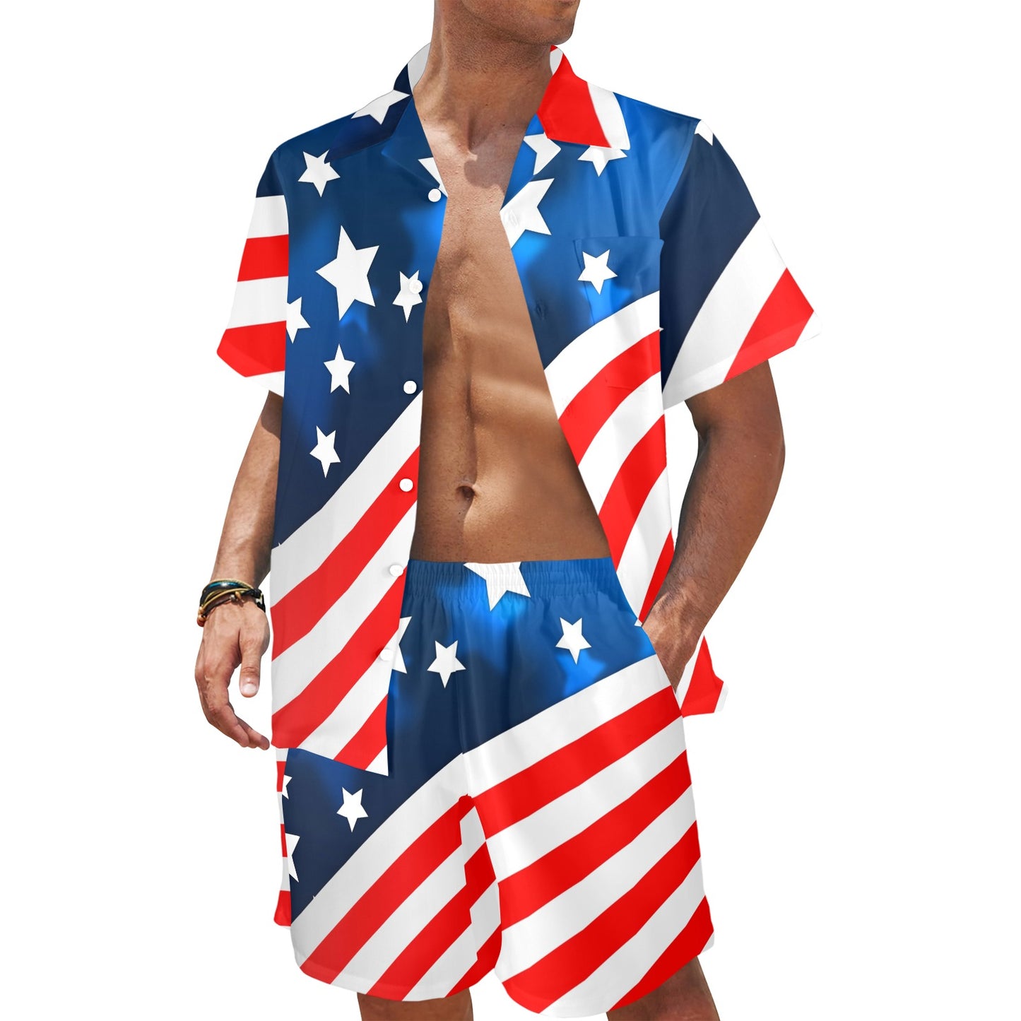 American flag Style Men's Beach Shirt and Shorts Set
