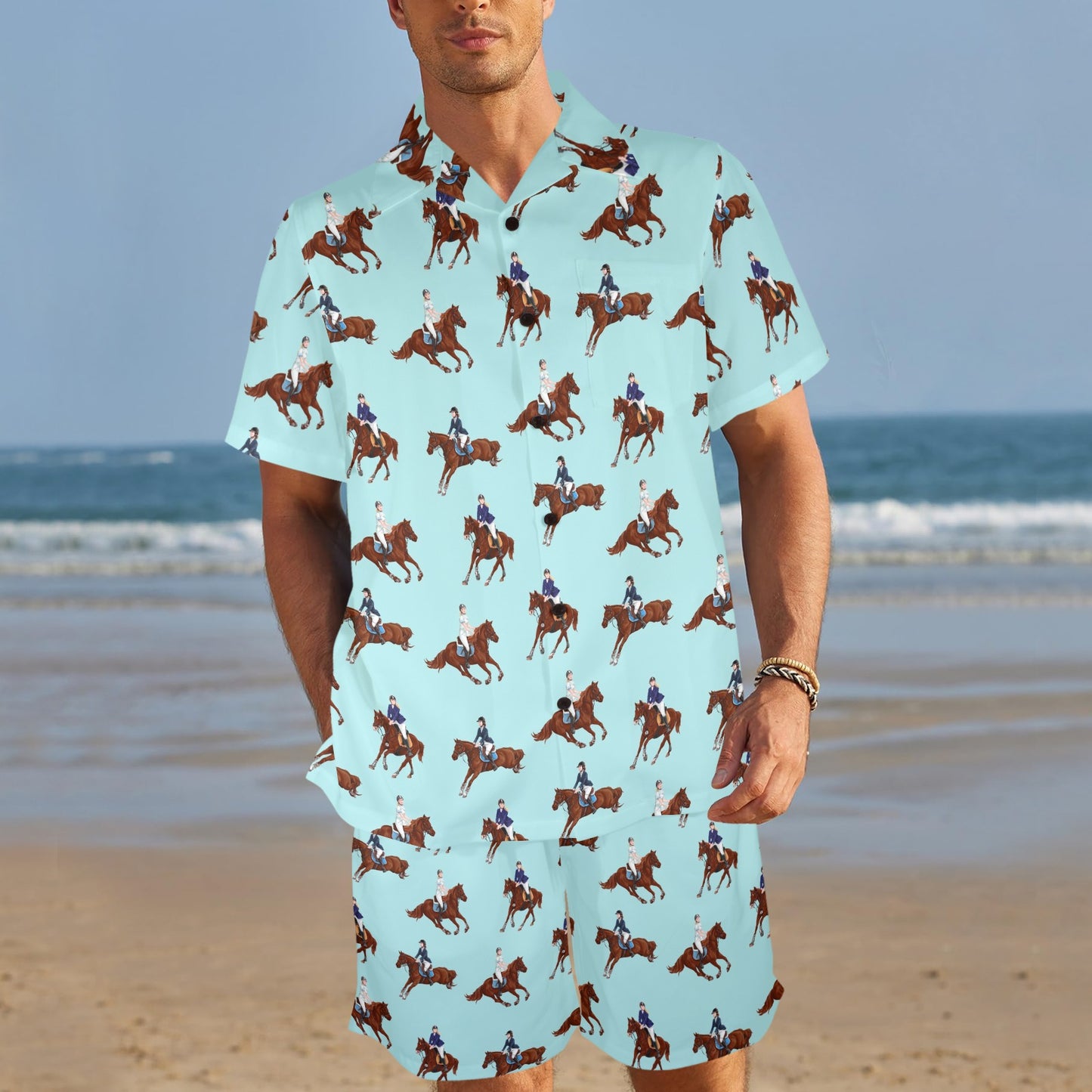 Equestrian Horse Riding Men's Beach Shirt and Shorts Set