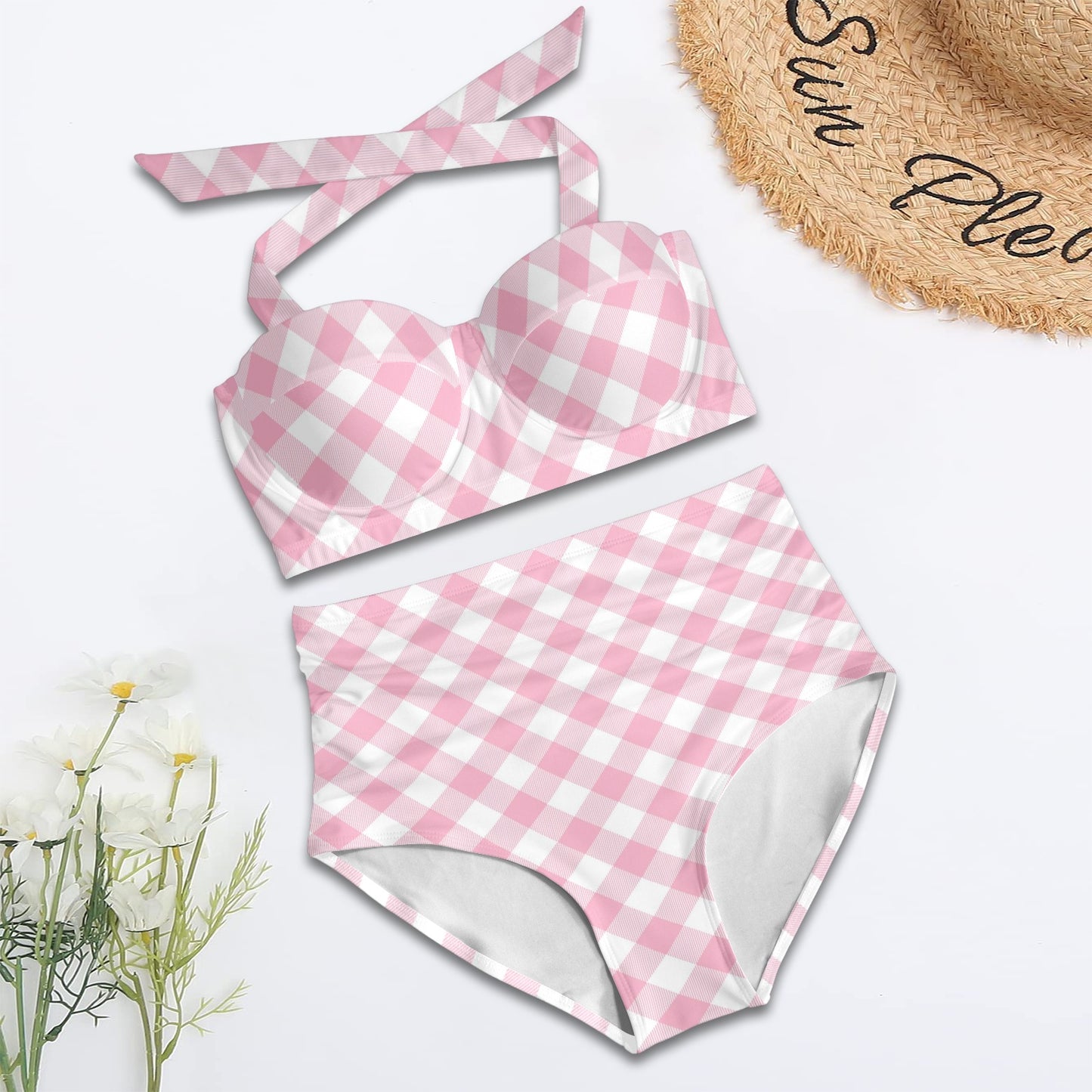 Gingham Pink Pattern Print Design 02 Halter Neck Bikini Swimsuit