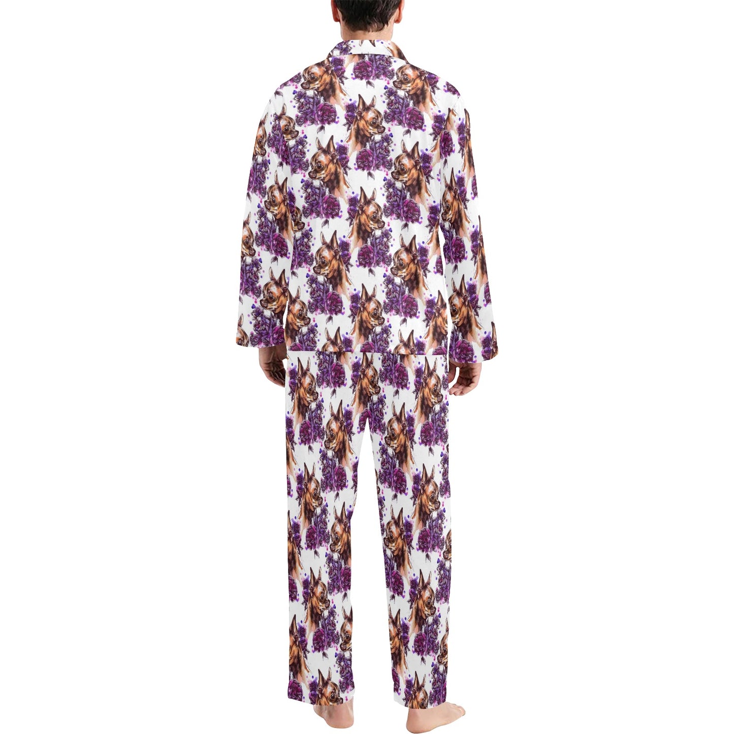 Chihuahua Purple Floral Men's Long Pajama Set