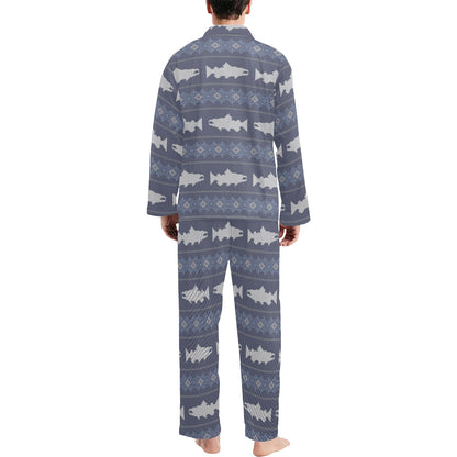 Salmon Fish Knit Style Print Design LKS304 Men's Long Pajama Set