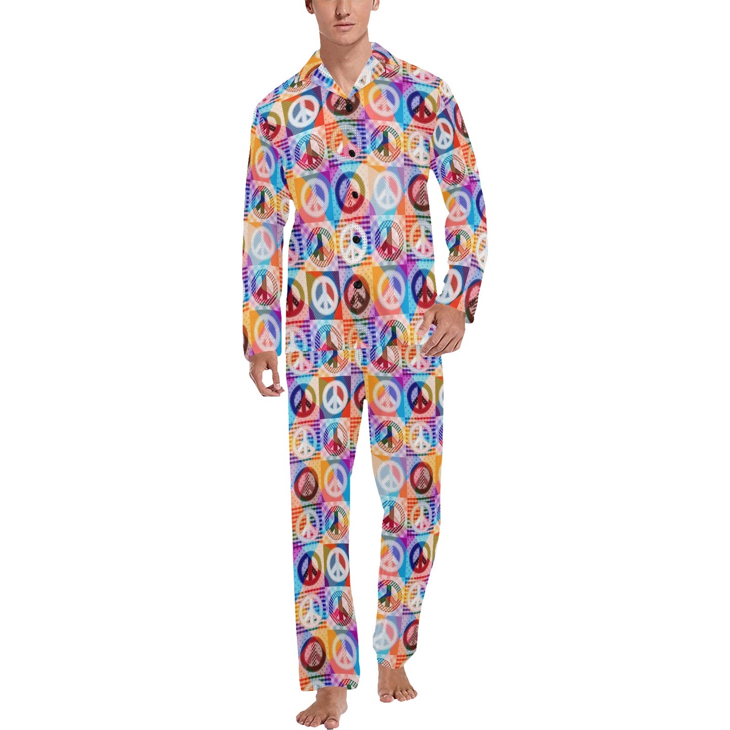 Peace Sign Patchwork Design Print Men's Long Pajama Set