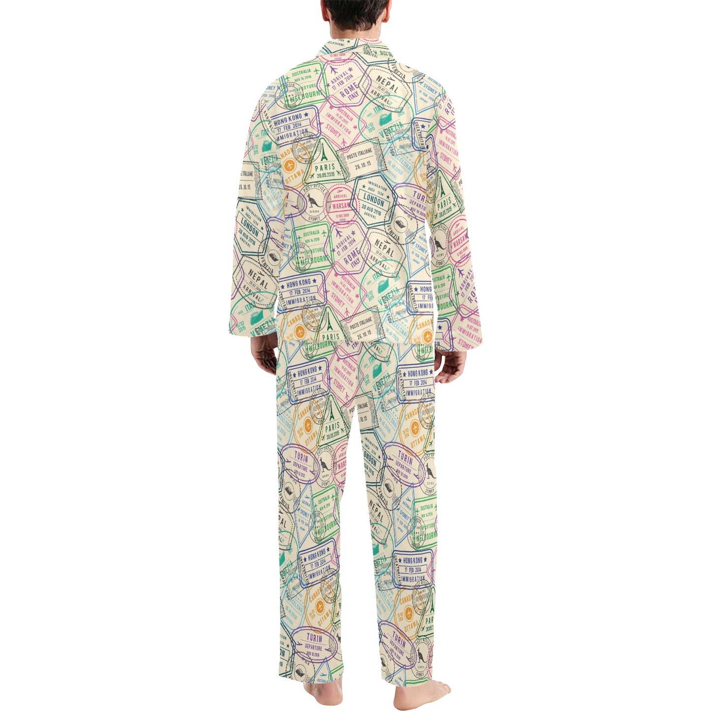 Travel Stamp Print Design LKS303 Men's Long Pajama Set