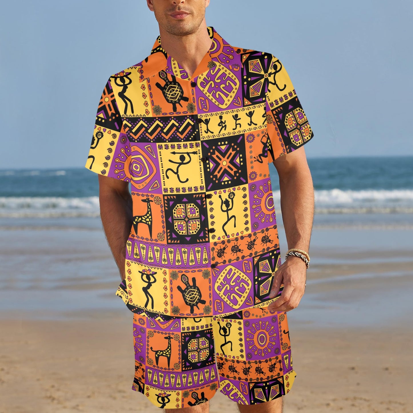 African Pattern Print Design 02 Men's Beach Shirt and Shorts Set