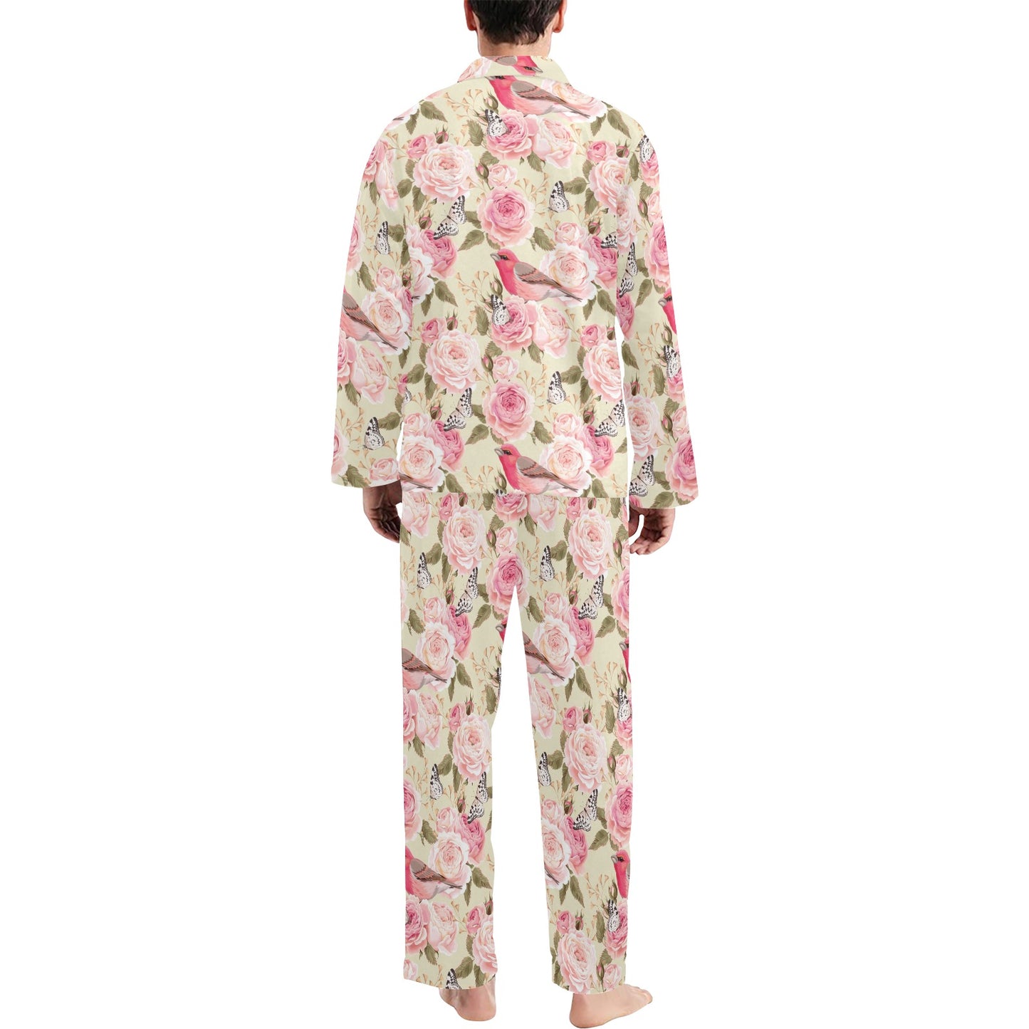 Bird Butterfly Pink Flower Print Pattern Men's Long Pajama Set