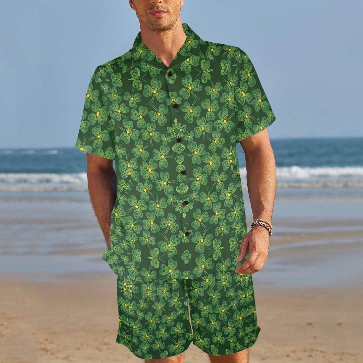 Shamrock Pattern Men's Beach Shirt and Shorts Set