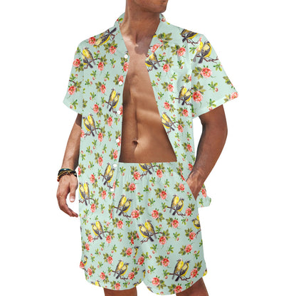 Bird with Red Flower Print Pattern Men's Beach Shirt and Shorts Set