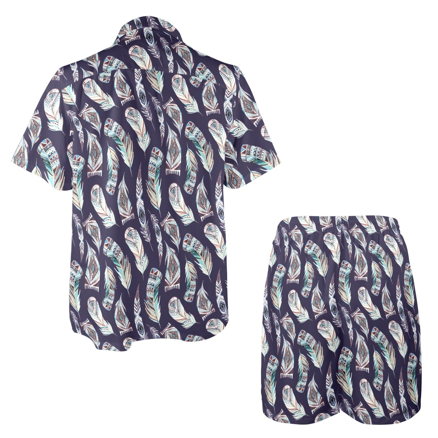 Feather Vintage Boho Design Print Men's Beach Shirt and Shorts Set