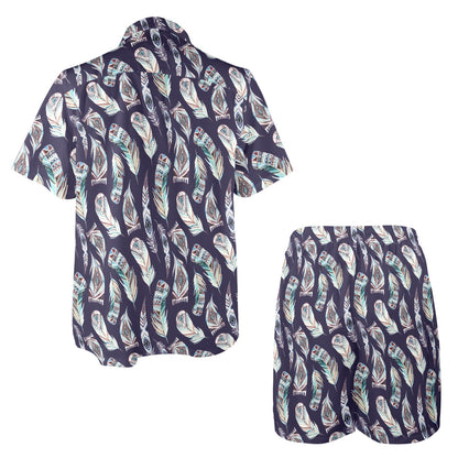 Feather Vintage Boho Design Print Men's Beach Shirt and Shorts Set