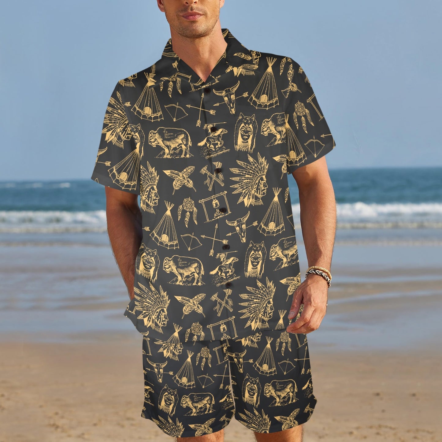 American indian Gold Style Men's Beach Shirt and Shorts Set