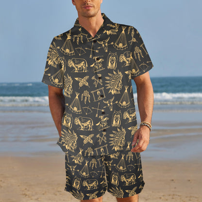 American indian Gold Style Men's Beach Shirt and Shorts Set