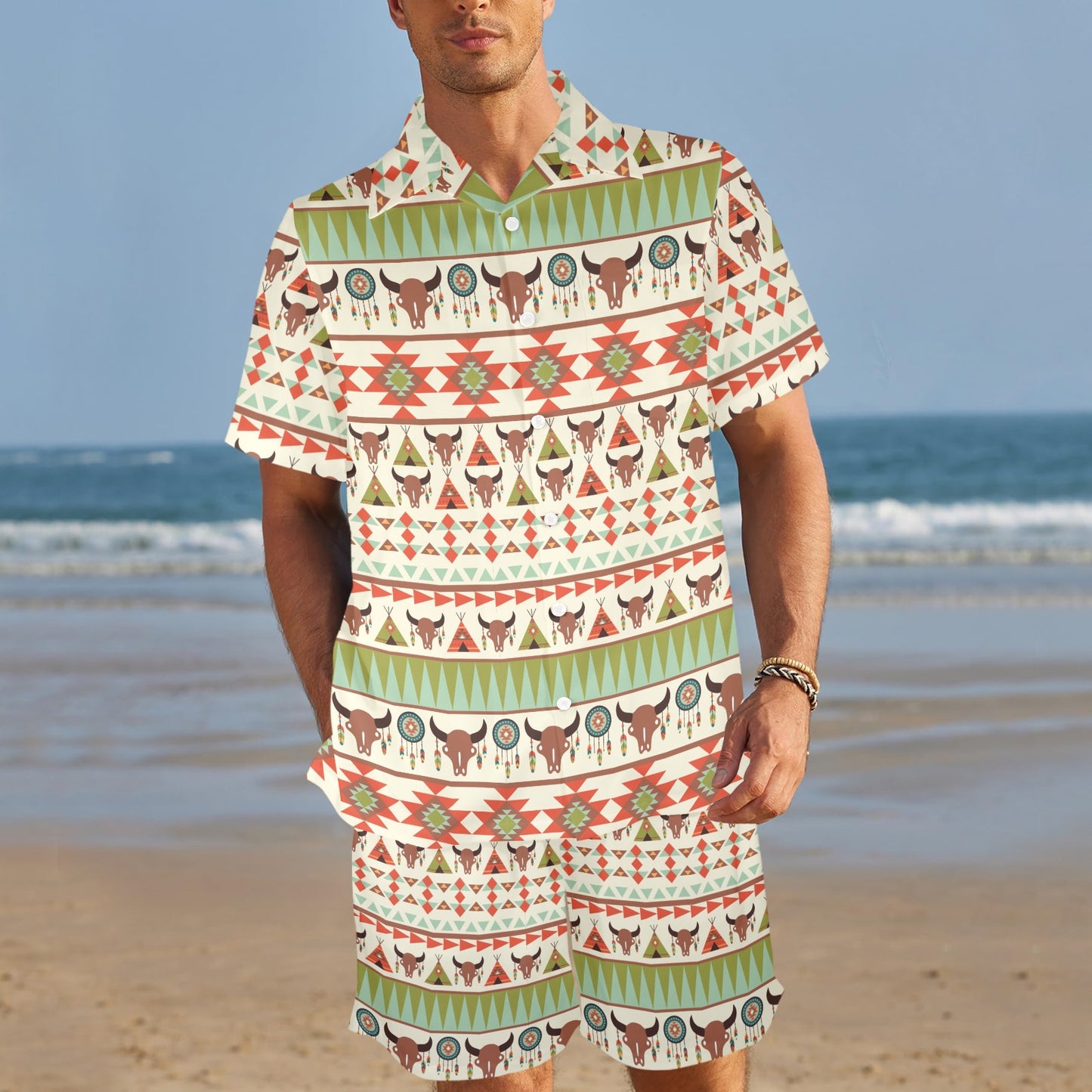 American indian Ethnic Pattern Men's Beach Shirt and Shorts Set
