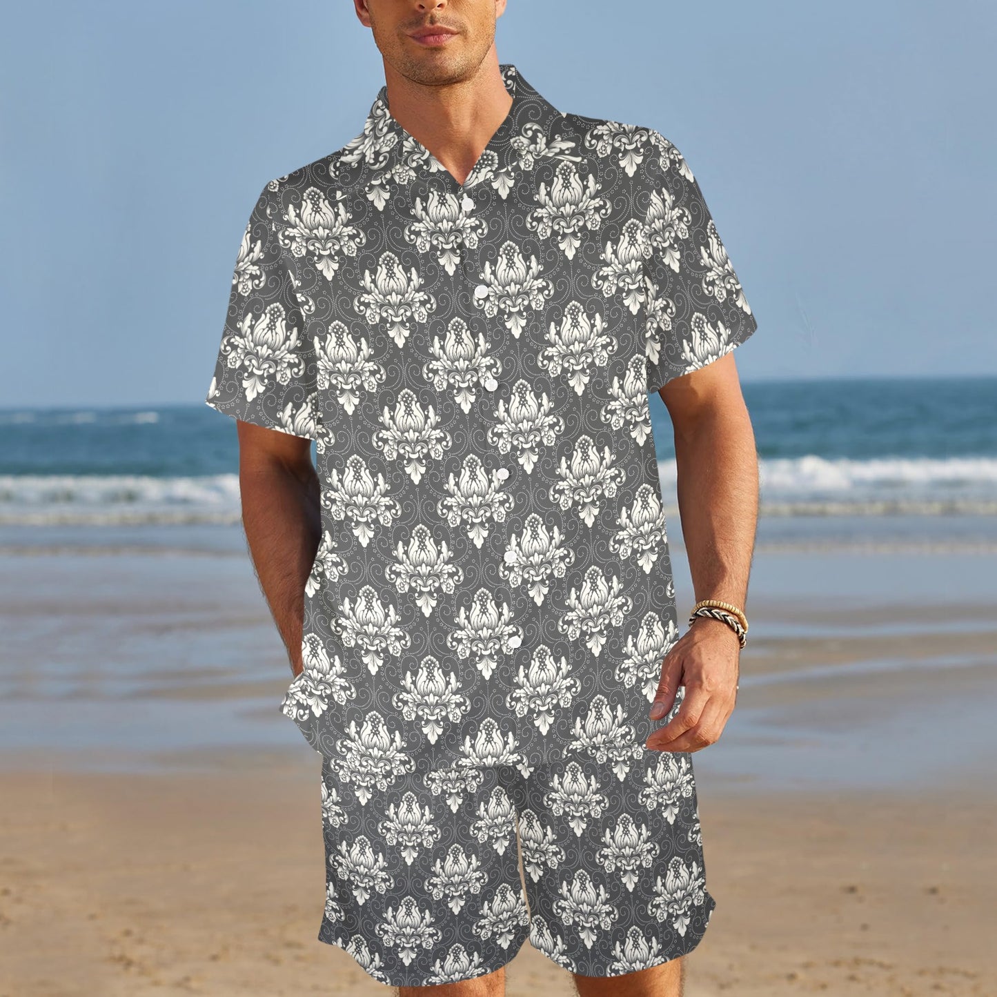 damask gray Design Print Pattern JJ056 Men's Beach Shirt and Shorts Set