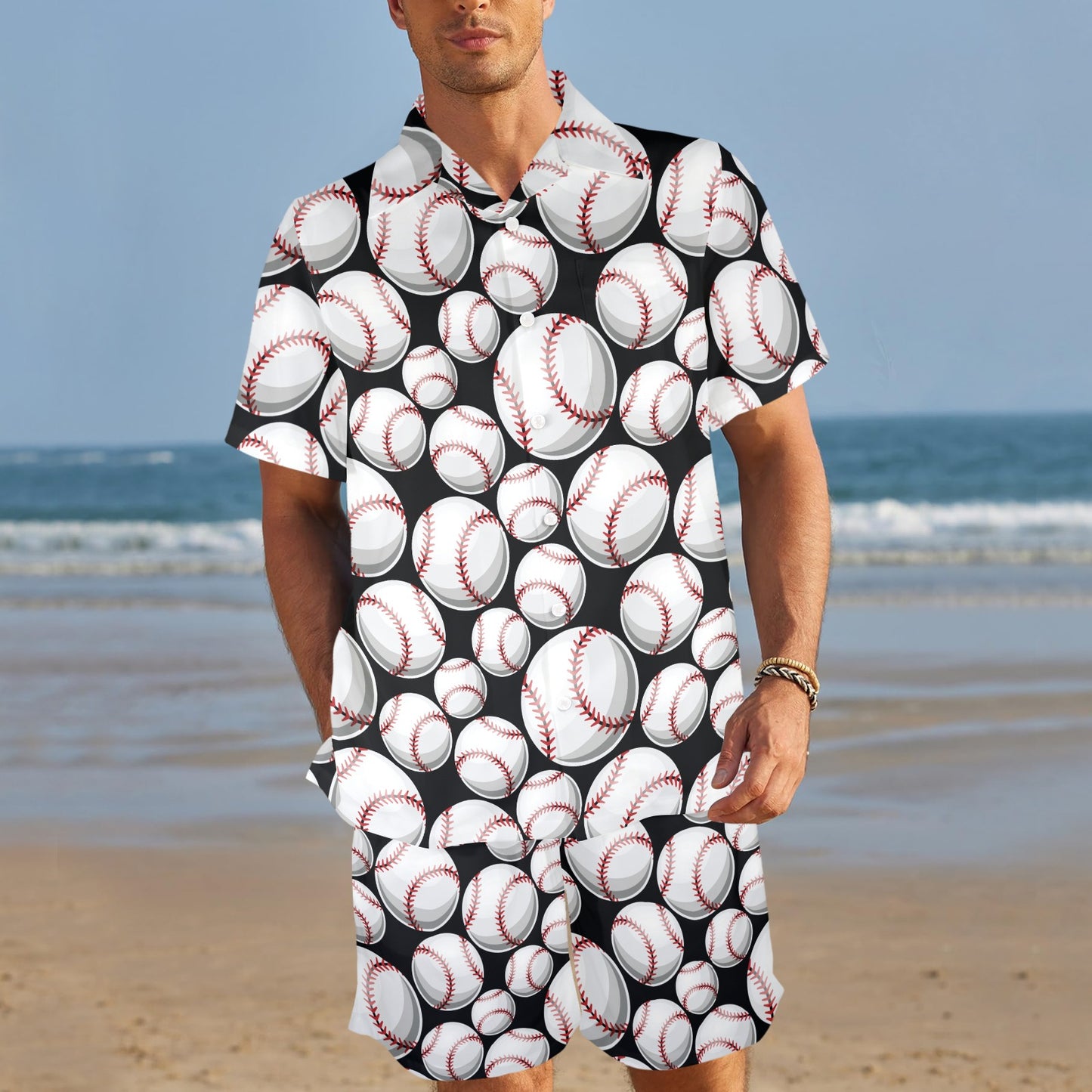 Baseball Black Background Men's Beach Shirt and Shorts Set