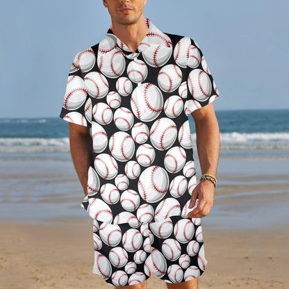 Baseball Black Background Men's Beach Shirt and Shorts Set