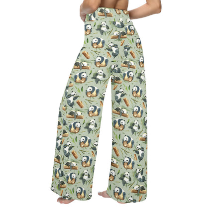 Panda Bear Design Bamboo Print Women's Wide Leg Lounge Pants