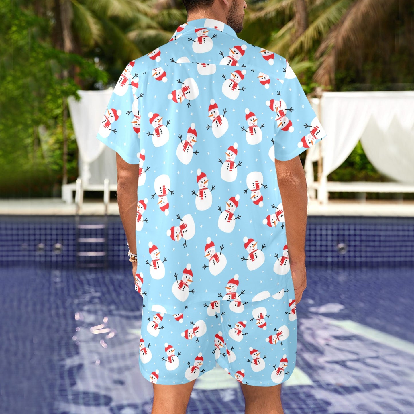 Snowman Print Design LKS305 Men's Beach Shirt and Shorts Set