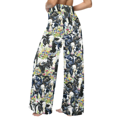Cow Watercolor Print Pattern Women's Wide Leg Lounge Pants