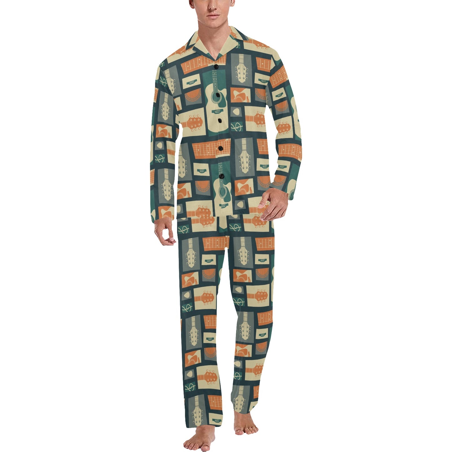 Acoustic Guitar Pattern Print Design 02 Men's Long Pajama Set