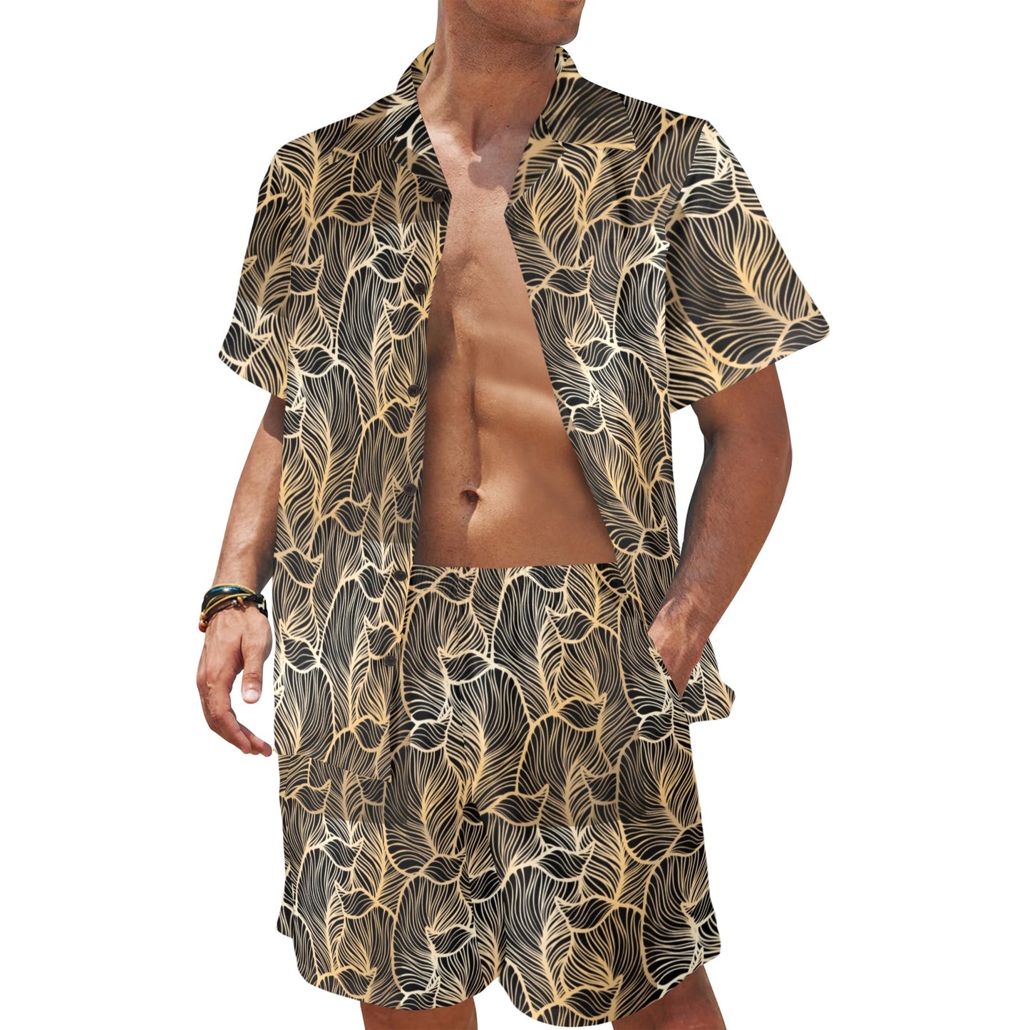 Elegant Gold leaf Print Men's Beach Shirt and Shorts Set