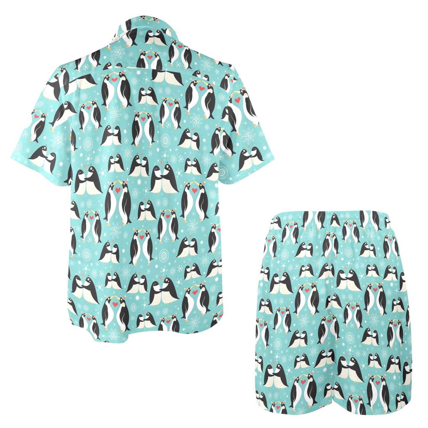 Penguin Love Print Men's Beach Shirt and Shorts Set
