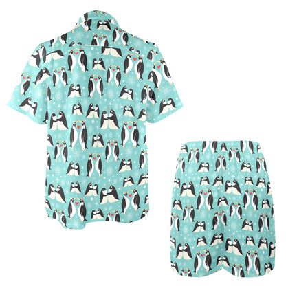 Penguin Love Print Men's Beach Shirt and Shorts Set