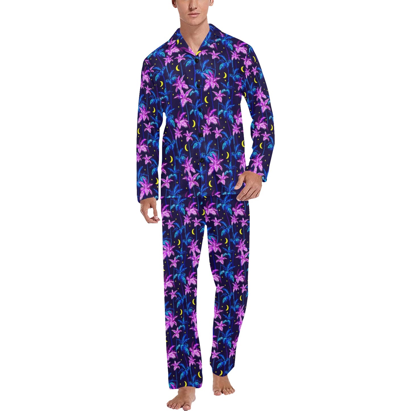 Palm Tree Night Scene Design Print Men's Long Pajama Set