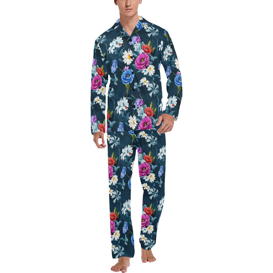 Floral Blue Themed Print Men's Long Pajama Set